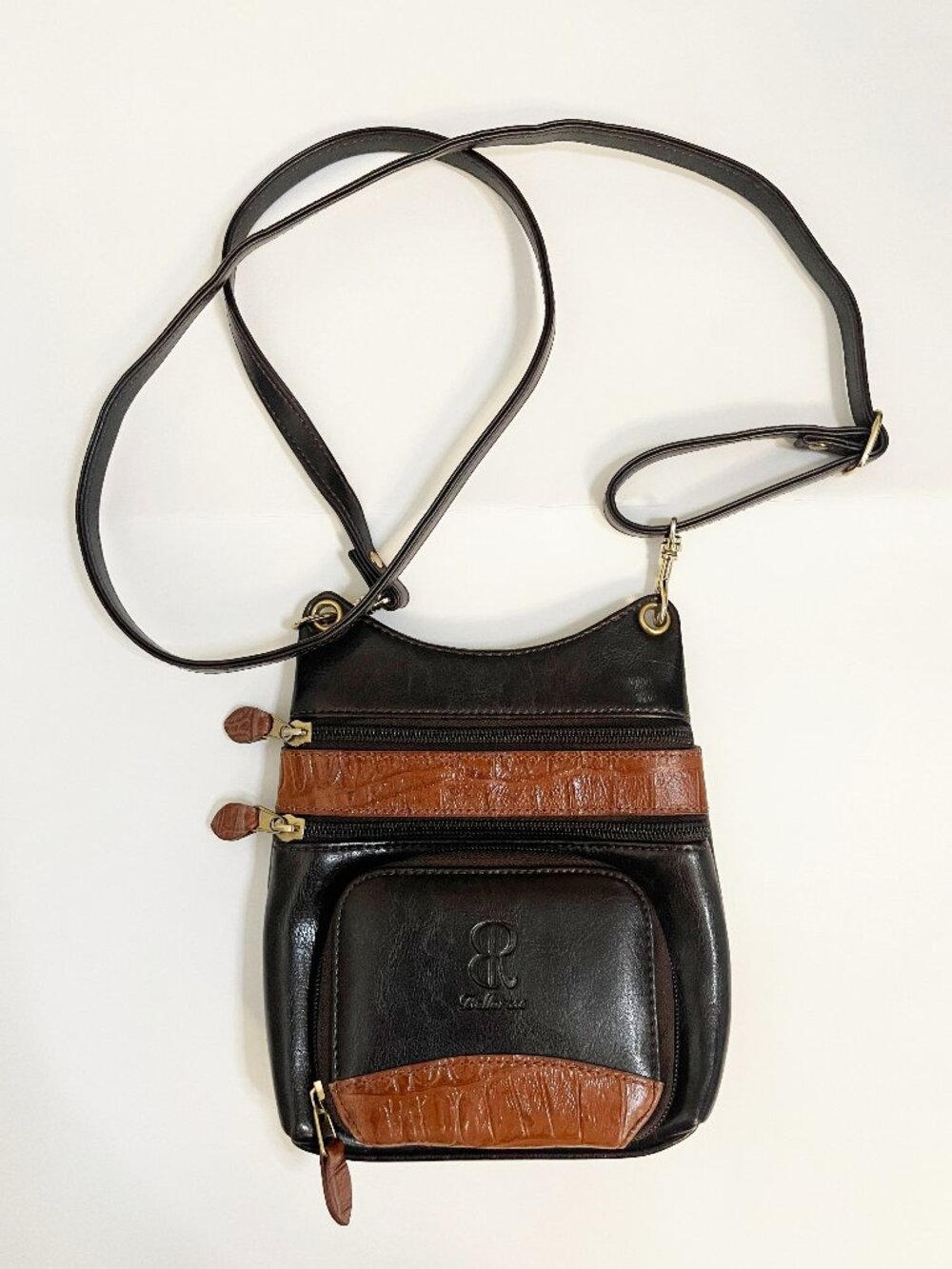 Vintage Bellarose Crossbody Purse Black Brown Faux Croc Organizer Bag Y2K